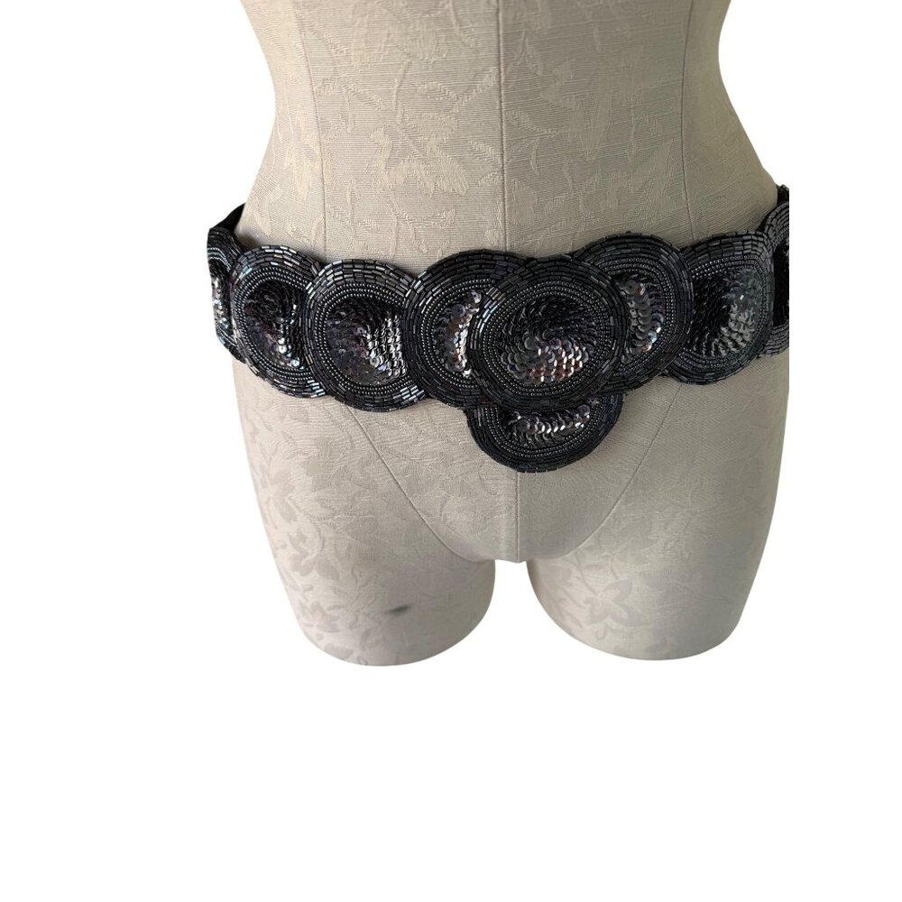 Michiko Womens Beaded Statement Belt Size M Dark Silver Scallop-shaped Vintage